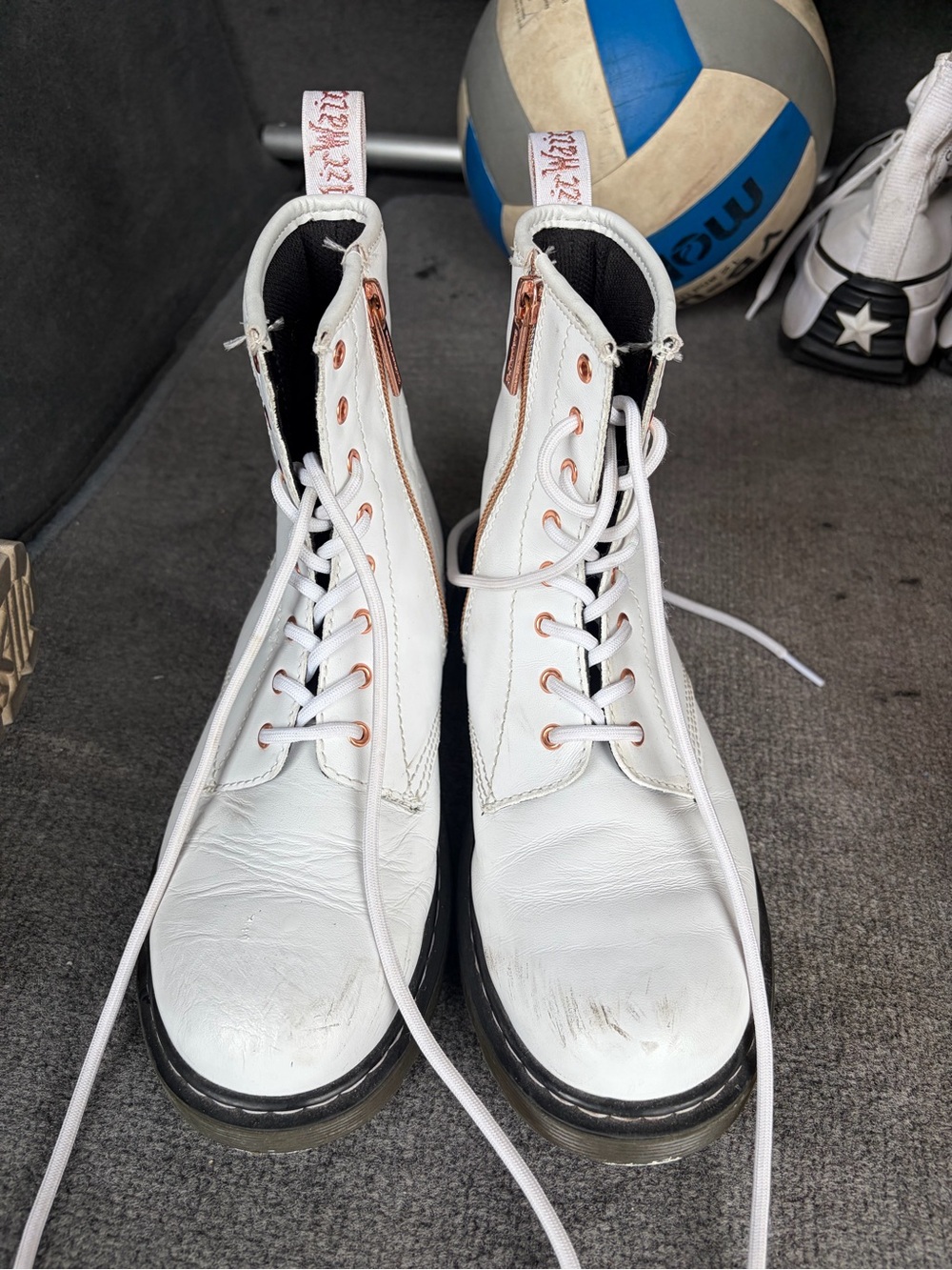Dr. Martens White Leather Lace-Up Boots with Rose Gold Eyelets
